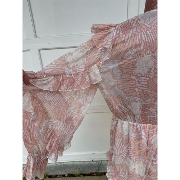 Ted Baker London BoHo Floral Ruffle Long Sleeve Romper Coral Size 6-8 V-Neck - Picture 5 of 10